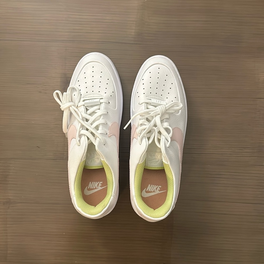Nike Women's White Sneakers with Pink Swoosh and Lime Insole